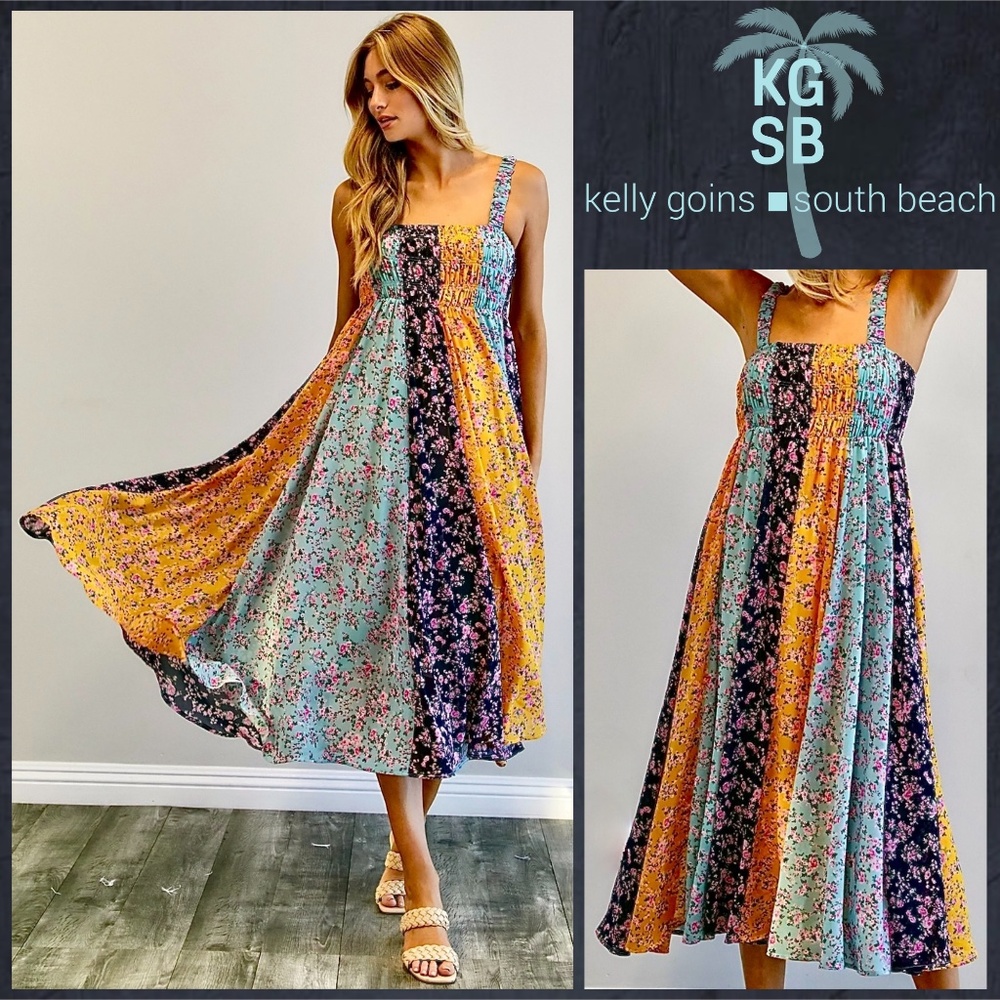 📌 DAVI&DANI Sexy Smocked Bodice Flared Pleated Skirt Floral Print Lined Pockets